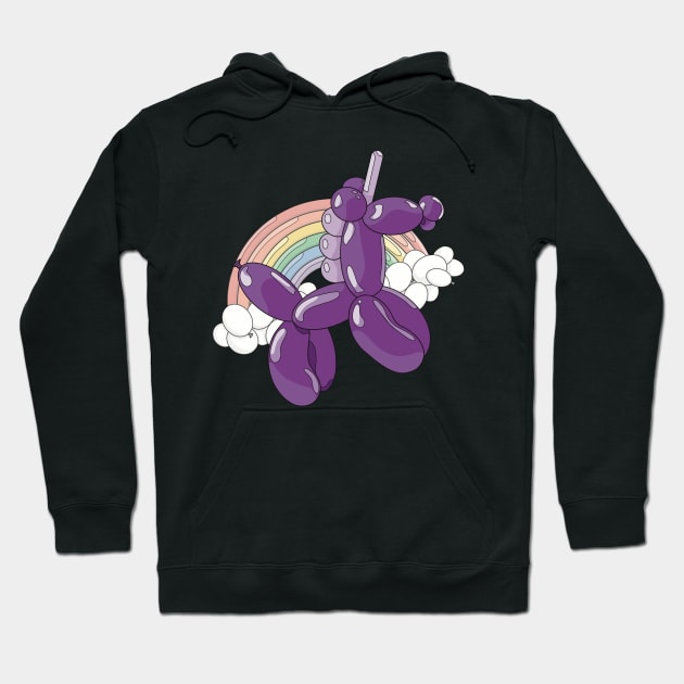 A light and dark purple unicorn balloon with a ballon rainbow and balloon clouds behind it. Hoodie by Fruit Tee